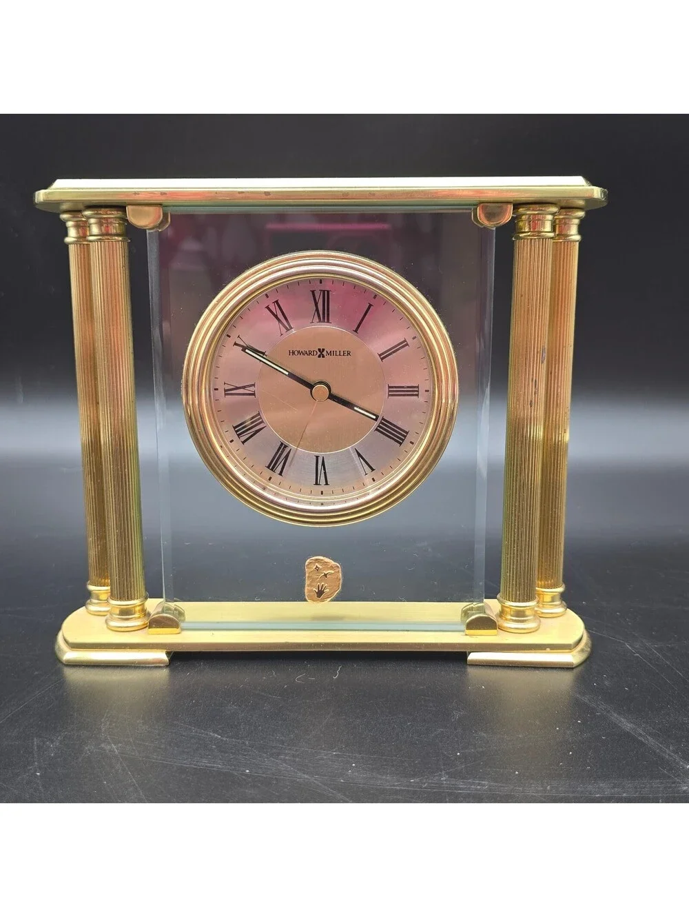 Vintage Howard Miller Athens Brass Glass Clock 613-627 Heavy Table Clock Working